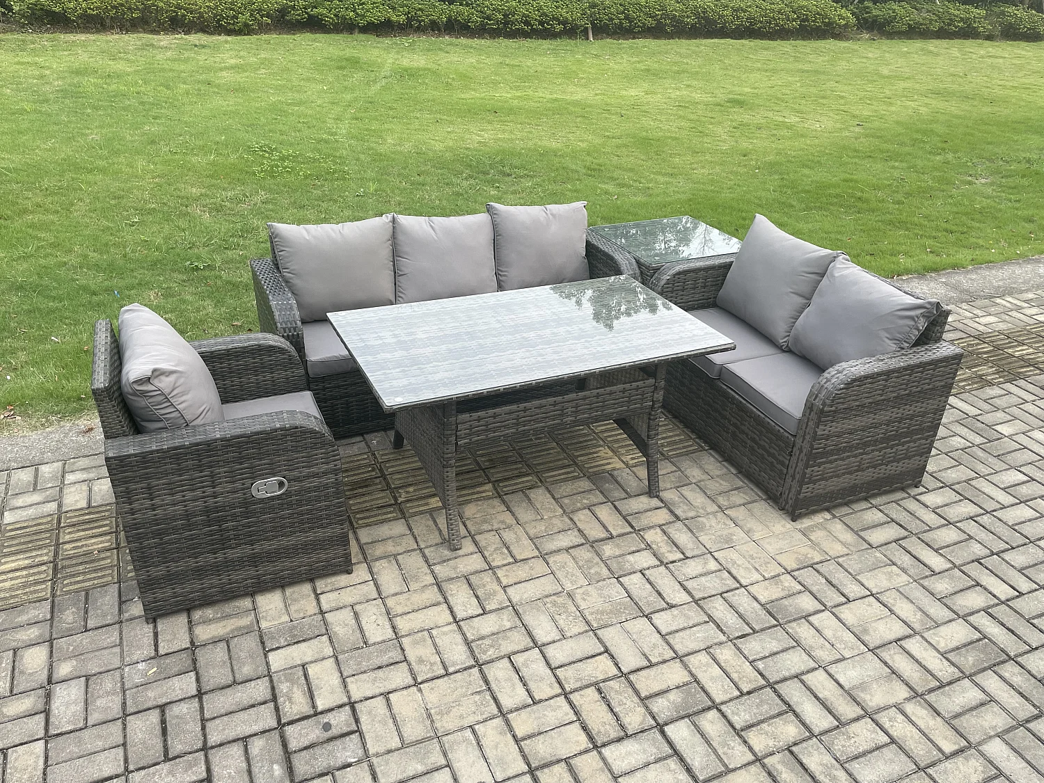 Fimous 6 Seater Garden Rattan Furniture Dining Table Sofa Set Indoor Outdoor with Reclining Chairs Side Table Dark Grey Mixed