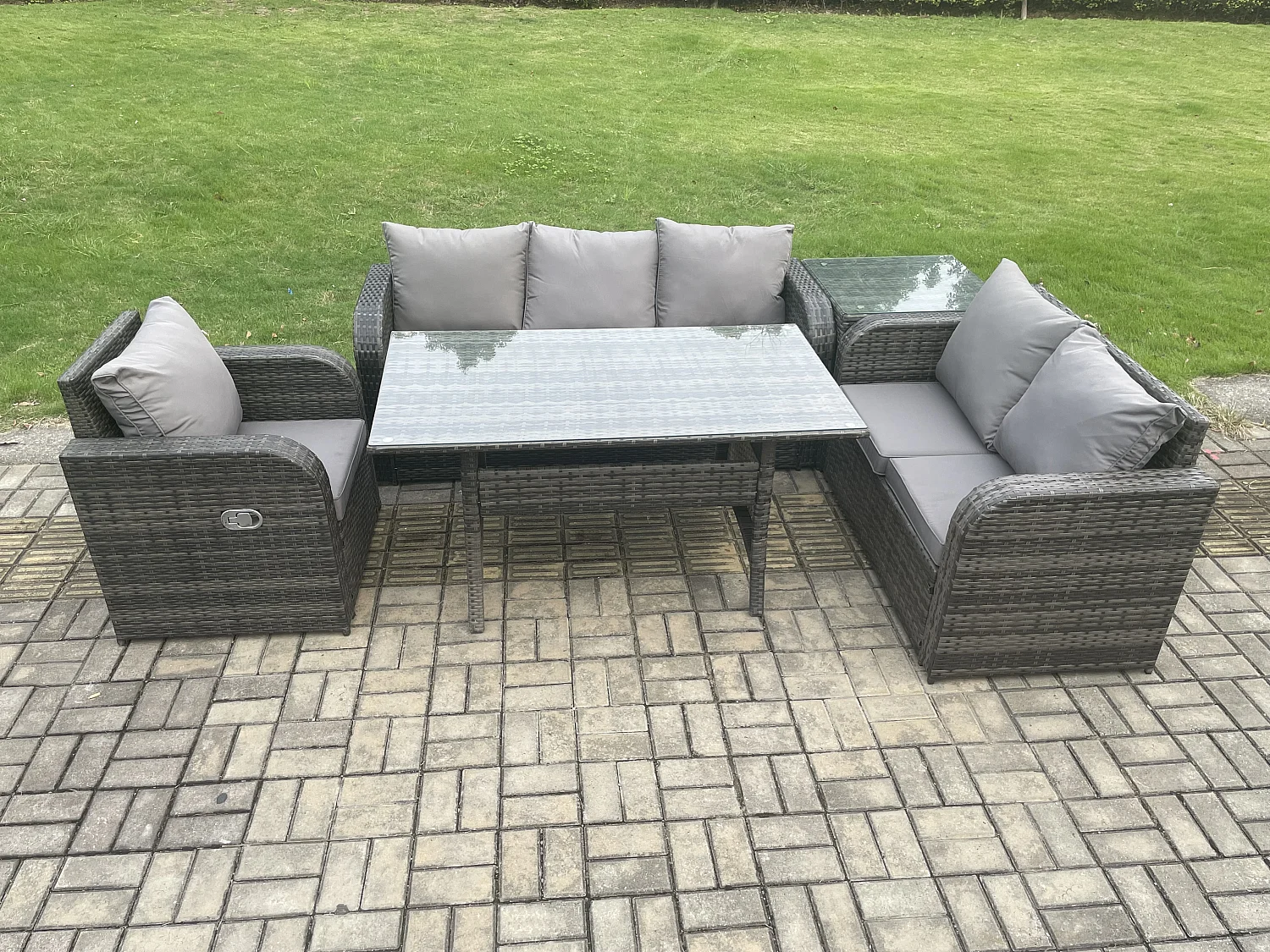 Fimous 6 Seater Garden Rattan Furniture Dining Table Sofa Set Indoor Outdoor with Reclining Chairs Side Table Dark Grey Mixed