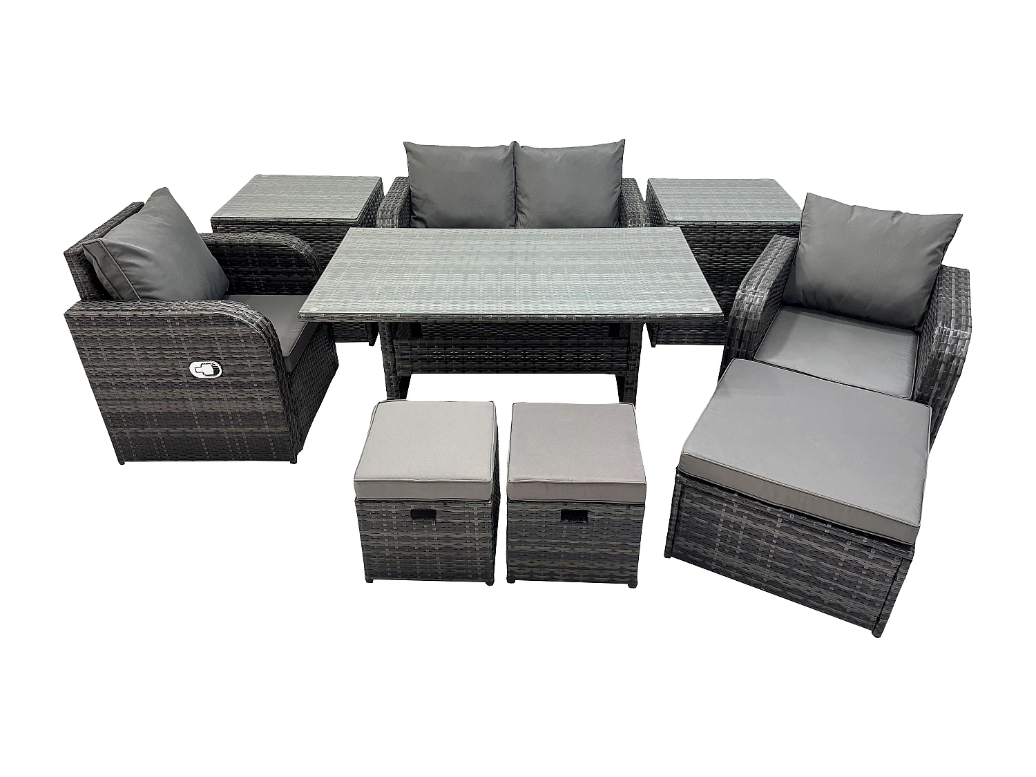 Fimous Rattan Outdoor Garden Furniture Set Rectangular Dining Table and Chair Sofa Set With 2 Side Tables 3 Footstools Dark Grey Mixed