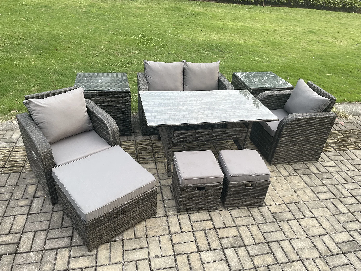 Fimous Rattan Outdoor Garden Furniture Set Rectangular Dining Table and Chair Sofa Set With 2 Side Tables 3 Footstools Dark Grey Mixed