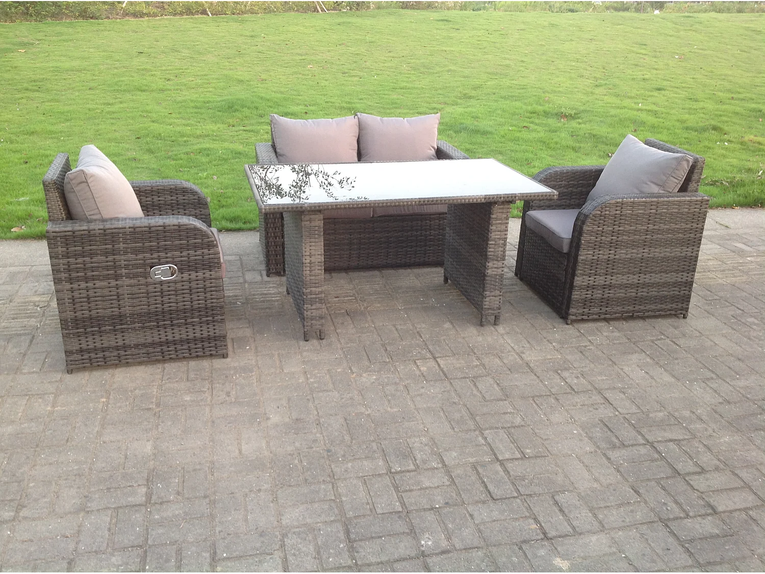 Fimous Rattan Garden Furniture Set Adjustable Chair Double Love Seat 2 Seater Sofa Oblong Rectangular Black Glass Dining Table