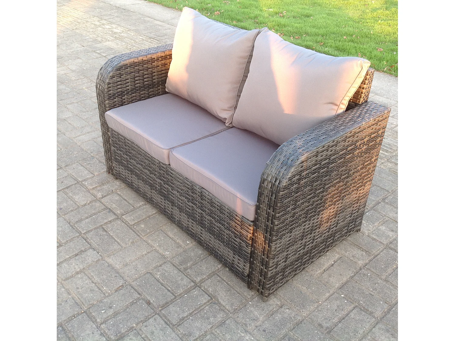 Fimous Rattan Garden Furniture Set Adjustable Chair Double Love Seat 2 Seater Sofa Oblong Rectangular Black Glass Dining Table