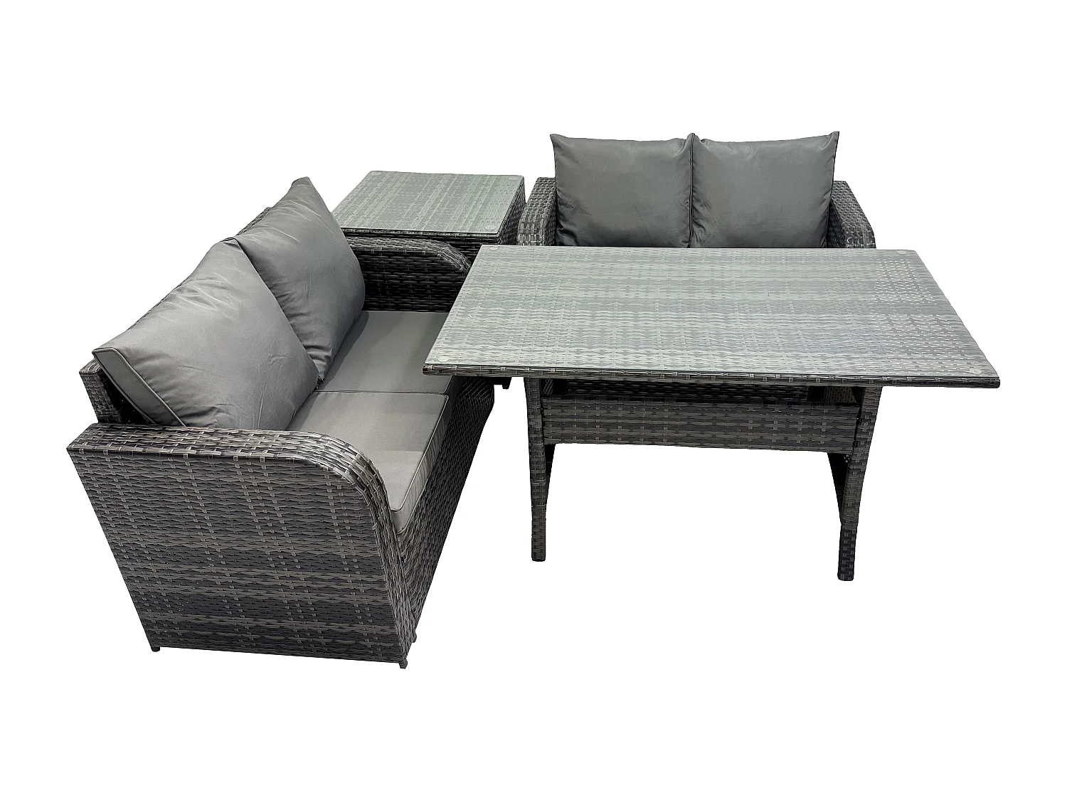 Fimous 4 Seater Rattan Outdoor Garden Furniture Set Rectangular Dining Table and Loveseat Sofa Set With Side Table Dark Grey Mixed