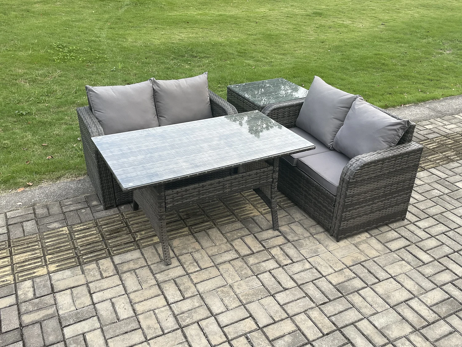 Fimous 4 Seater Rattan Outdoor Garden Furniture Set Rectangular Dining Table and Loveseat Sofa Set With Side Table Dark Grey Mixed