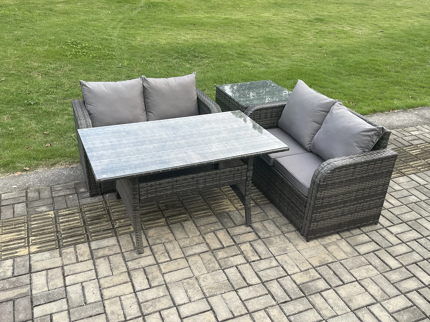 Fimous 4 Seater Rattan Outdoor Garden Furniture Set Rectangular Dining Table and Loveseat Sofa Set With Side Table Dark Grey Mixed