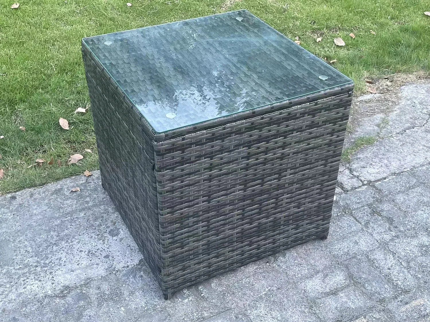 Fimous 4 Seater Rattan Outdoor Garden Furniture Set Rectangular Dining Table and Loveseat Sofa Set With Side Table Dark Grey Mixed