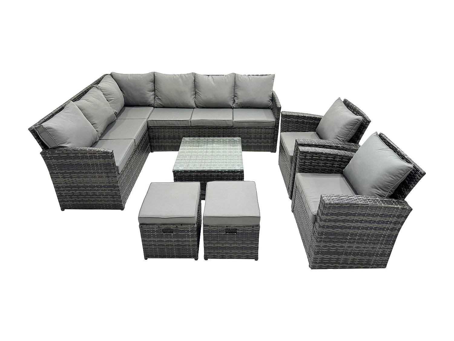 Fimous 10 Seater Outdoor Garden Furniture Set Wicker PE Rattan Corner Sofa Set with Square Coffee Table 2 Small Footstools 2 Armchairs Dark Grey Mixed
