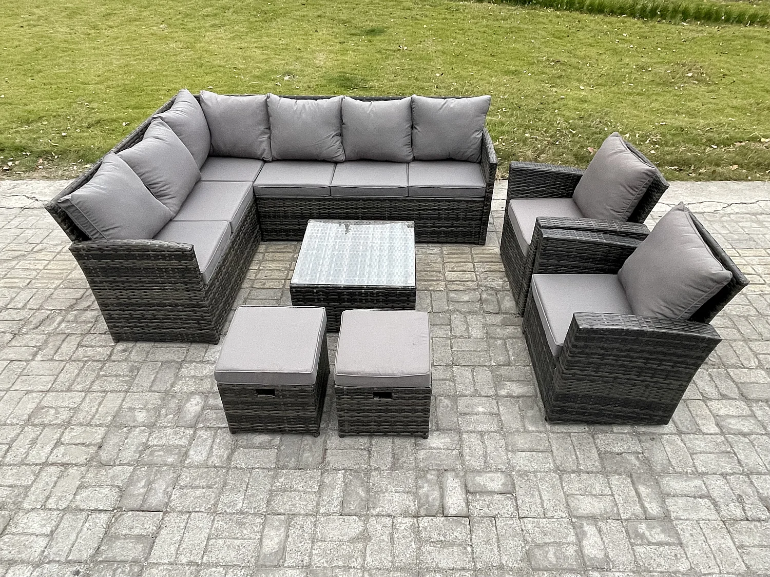 Fimous 10 Seater Outdoor Garden Furniture Set Wicker PE Rattan Corner Sofa Set with Square Coffee Table 2 Small Footstools 2 Armchairs Dark Grey Mixed