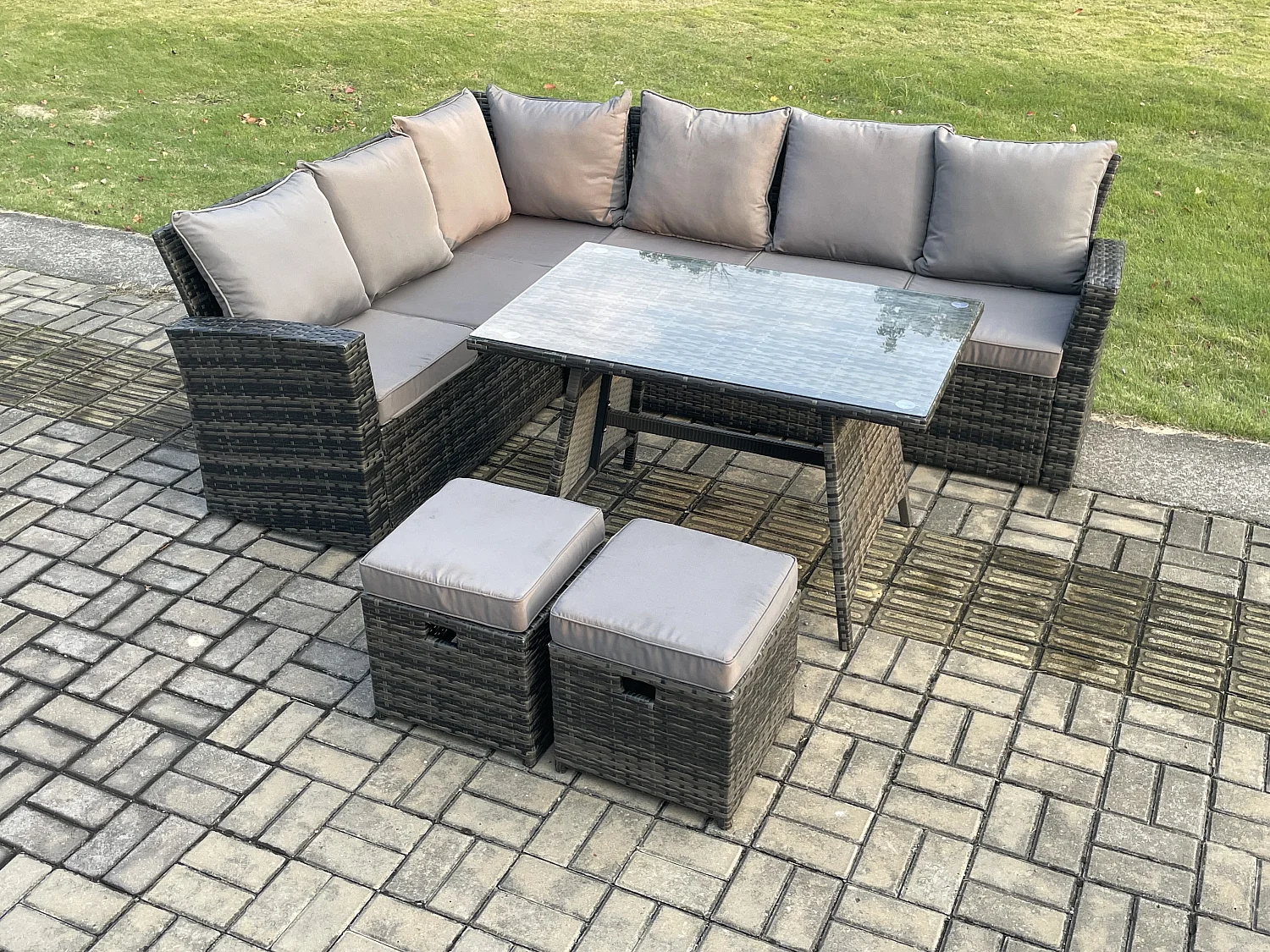 Gartenlounge Set Rattan Ecksofa Set mit 2 kleine Fußhockern Dunkelgrau gemischt