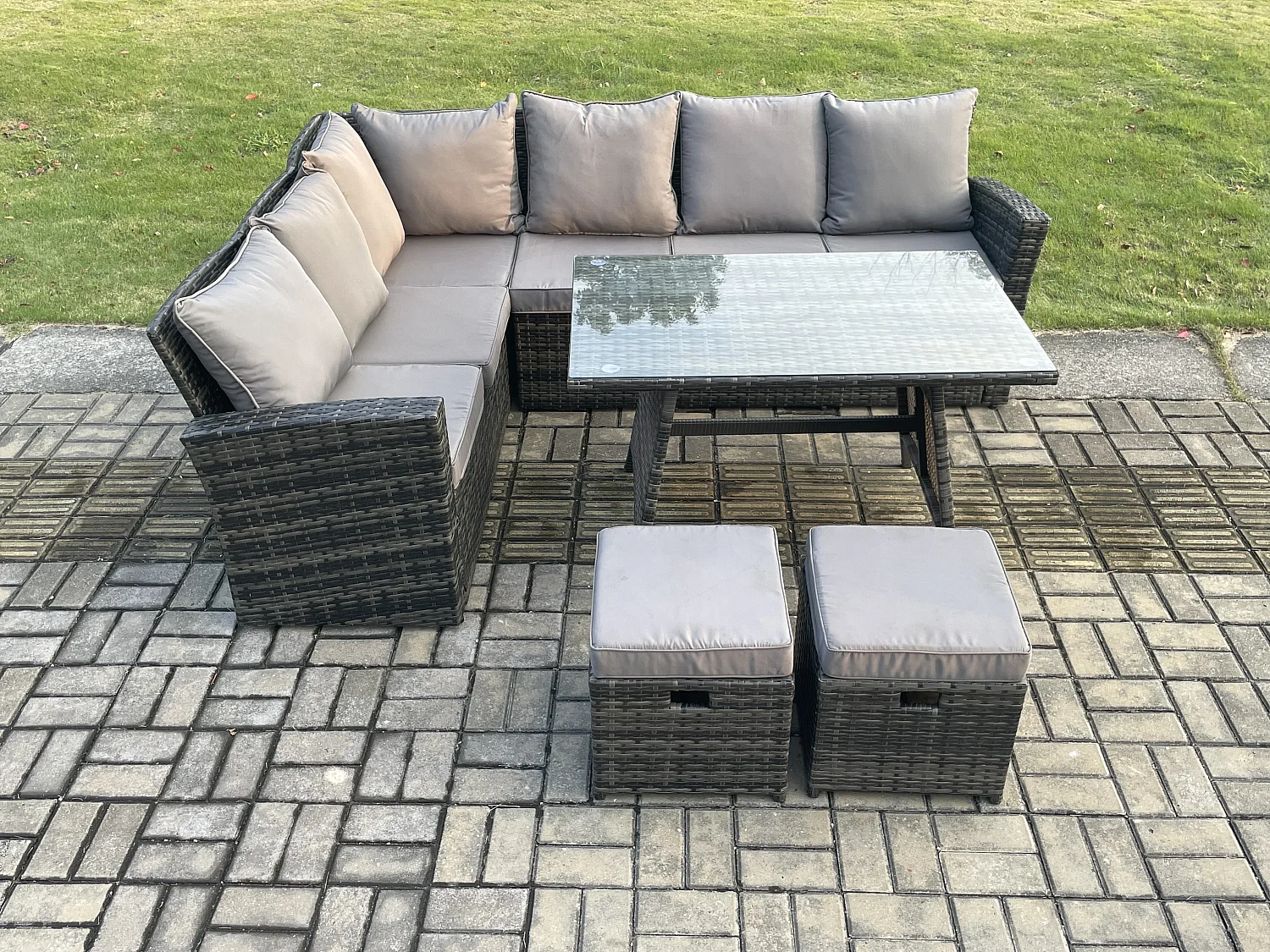 Gartenlounge Set Rattan Ecksofa Set mit 2 kleine Fußhockern Dunkelgrau gemischt