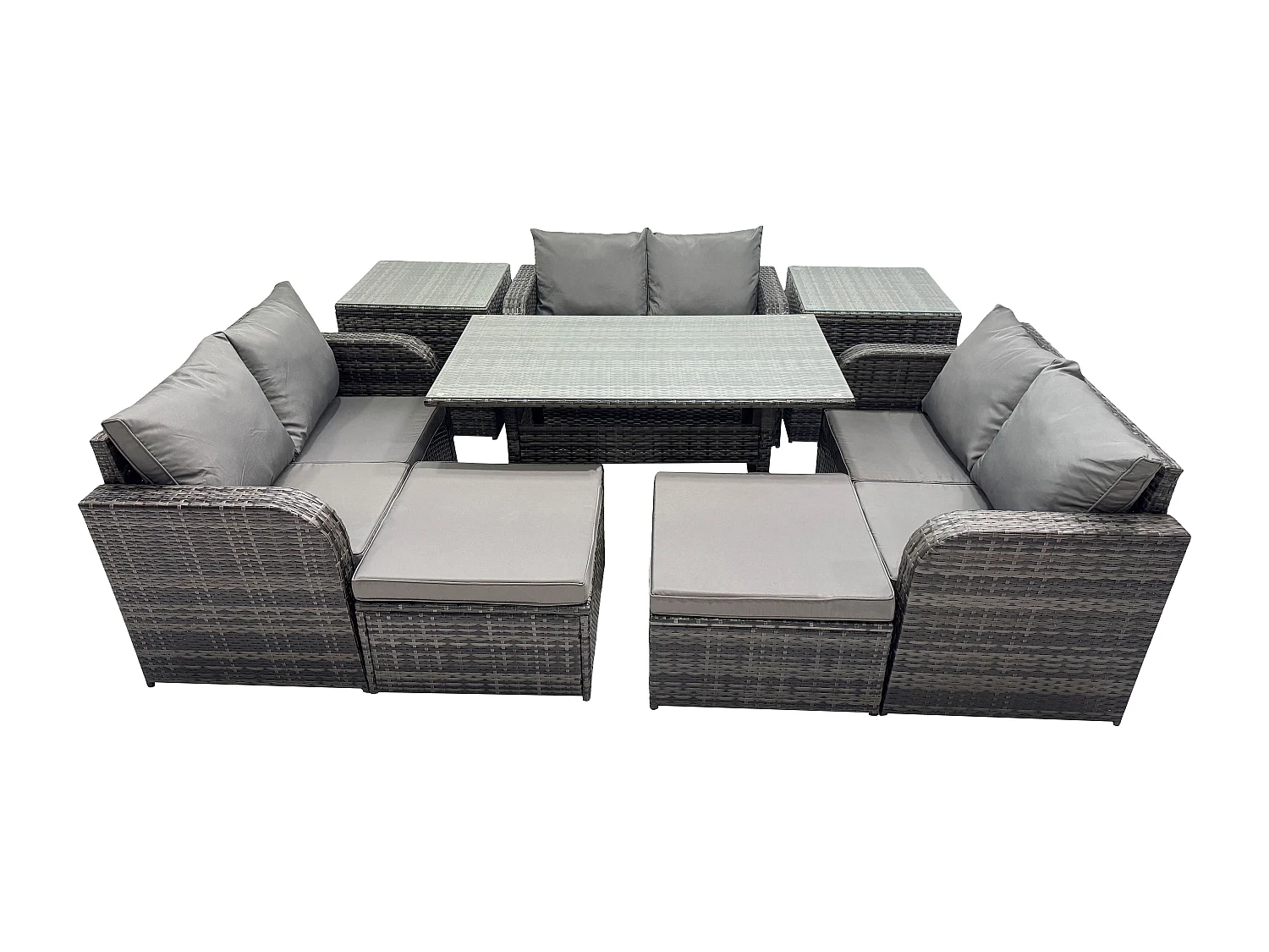 Fimous Outdoor Rattan Garden Furniture Lounge Sofa Set With Oblong Rectangular Dining Table 2 Big Footstool 2 Side Tables