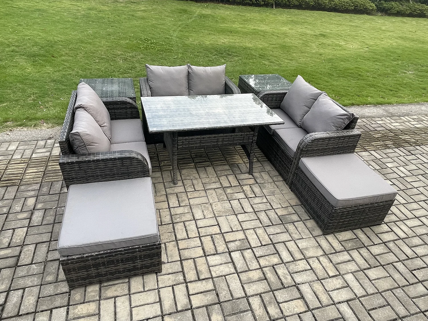 Fimous Outdoor Rattan Garden Furniture Lounge Sofa Set With Oblong Rectangular Dining Table 2 Big Footstool 2 Side Tables