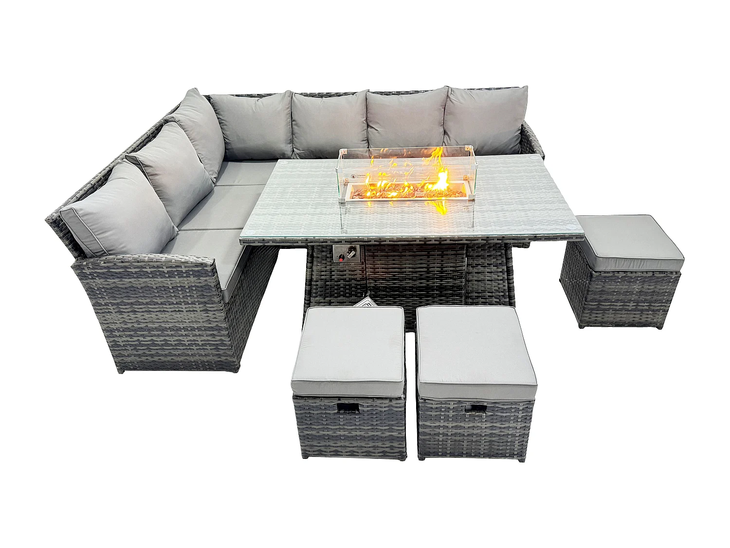 Fimous Rattan Garden Furniture High Back Corner Sofa Gas Fire Pit Dining Table Sets Gas Heater with 3 Small Footstools 9 Seater Dark Grey Mixed