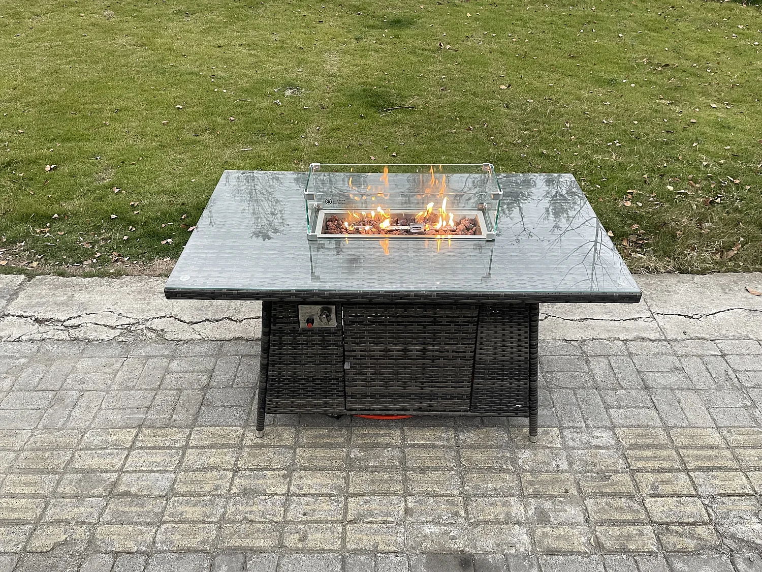 Fimous Rattan Garden Furniture High Back Corner Sofa Gas Fire Pit Dining Table Sets Gas Heater with 3 Small Footstools 9 Seater Dark Grey Mixed