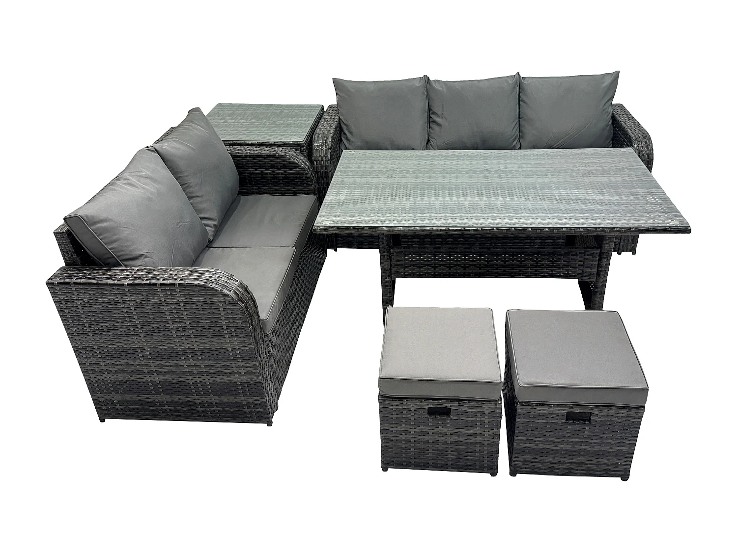Fimous Outdoor Garden Patio Furniture Wicker Rattan Oblong Rectangular Dining Table and Lounge Sofa set with Side Table 2 Small Footstools Dark Grey Mixed