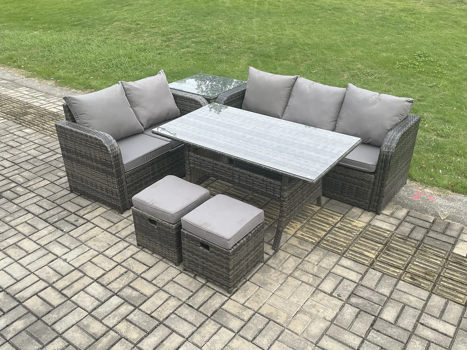 Fimous Outdoor Garden Patio Furniture Wicker Rattan Oblong Rectangular Dining Table and Lounge Sofa set with Side Table 2 Small Footstools Dark Grey Mixed