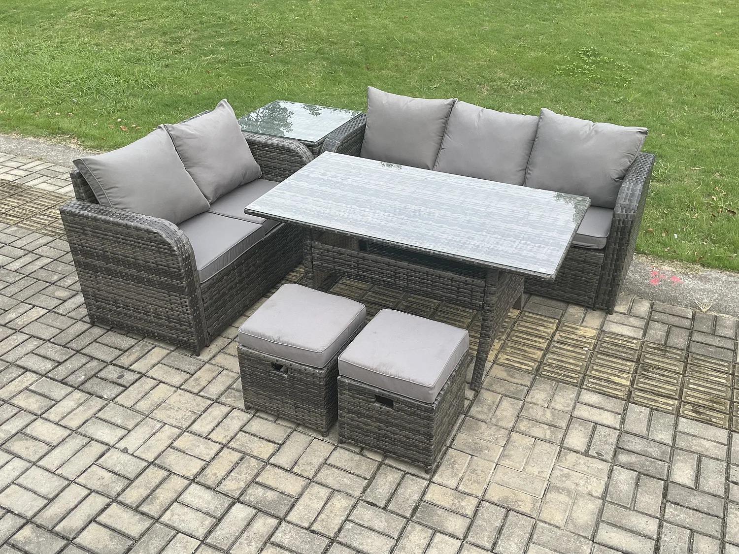 Fimous Outdoor Garden Patio Furniture Wicker Rattan Oblong Rectangular Dining Table and Lounge Sofa set with Side Table 2 Small Footstools Dark Grey Mixed