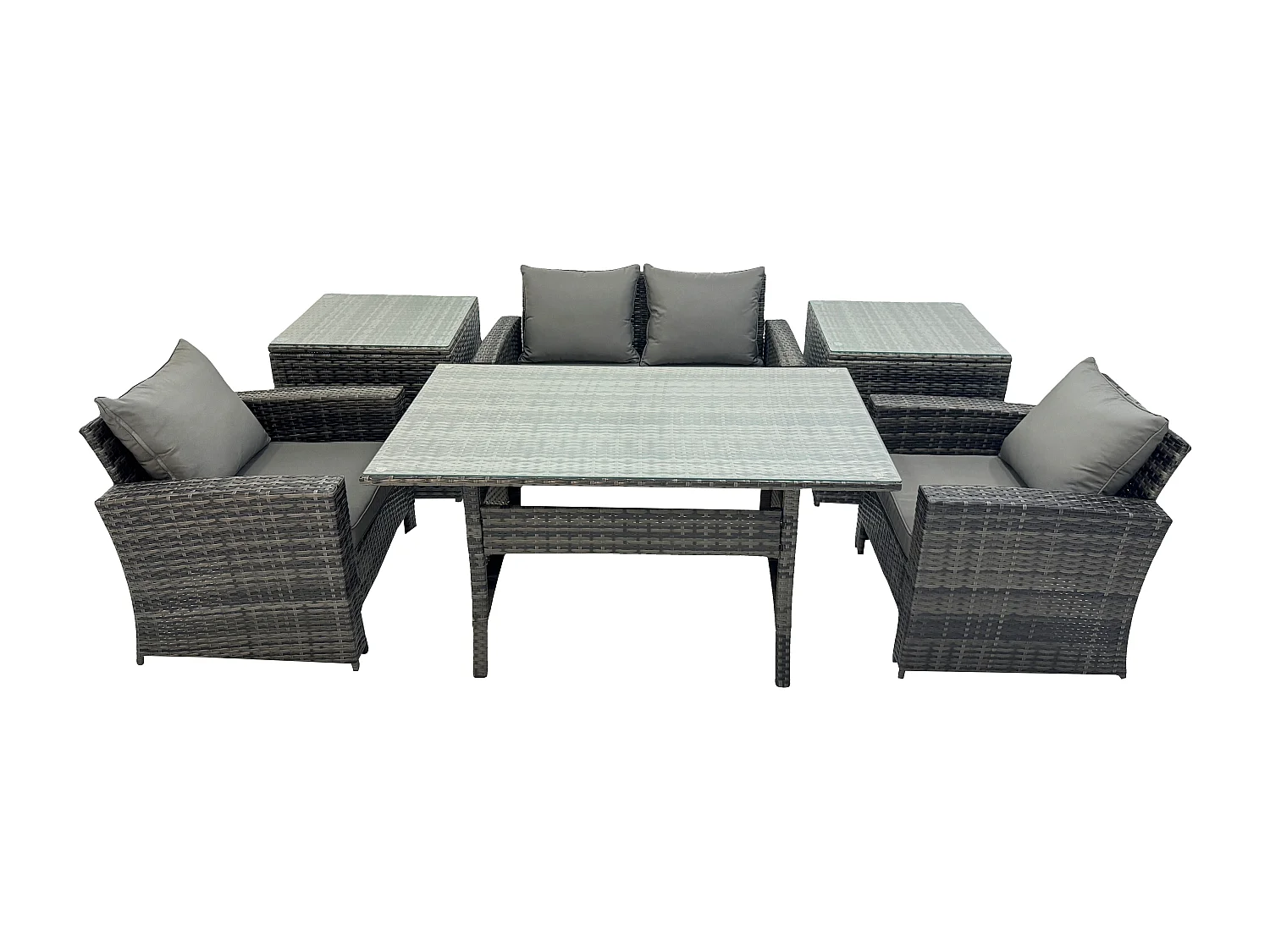 Fimous PE Wicker Outdoor Garden Furniture Set Patio Furniture Rattan Rectangular Dining Table Lounge Sofa with 2 Side Tables