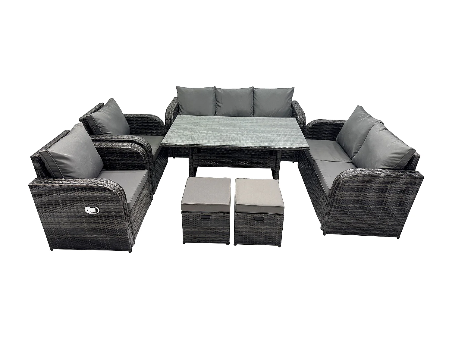 Fimous 9 Seater Dark Grey PE Wicker Rattan Garden Furniture Set Reclining Chair Love Seat 3 Seater Sofa Set Outdoor Rectangular Dining Table Stools