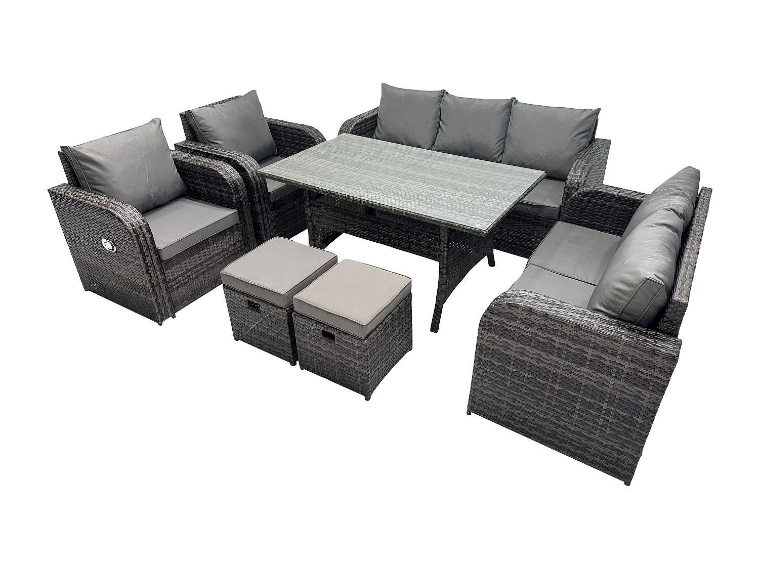 Fimous 9 Seater Dark Grey PE Wicker Rattan Garden Furniture Set Reclining Chair Love Seat 3 Seater Sofa Set Outdoor Rectangular Dining Table Stools