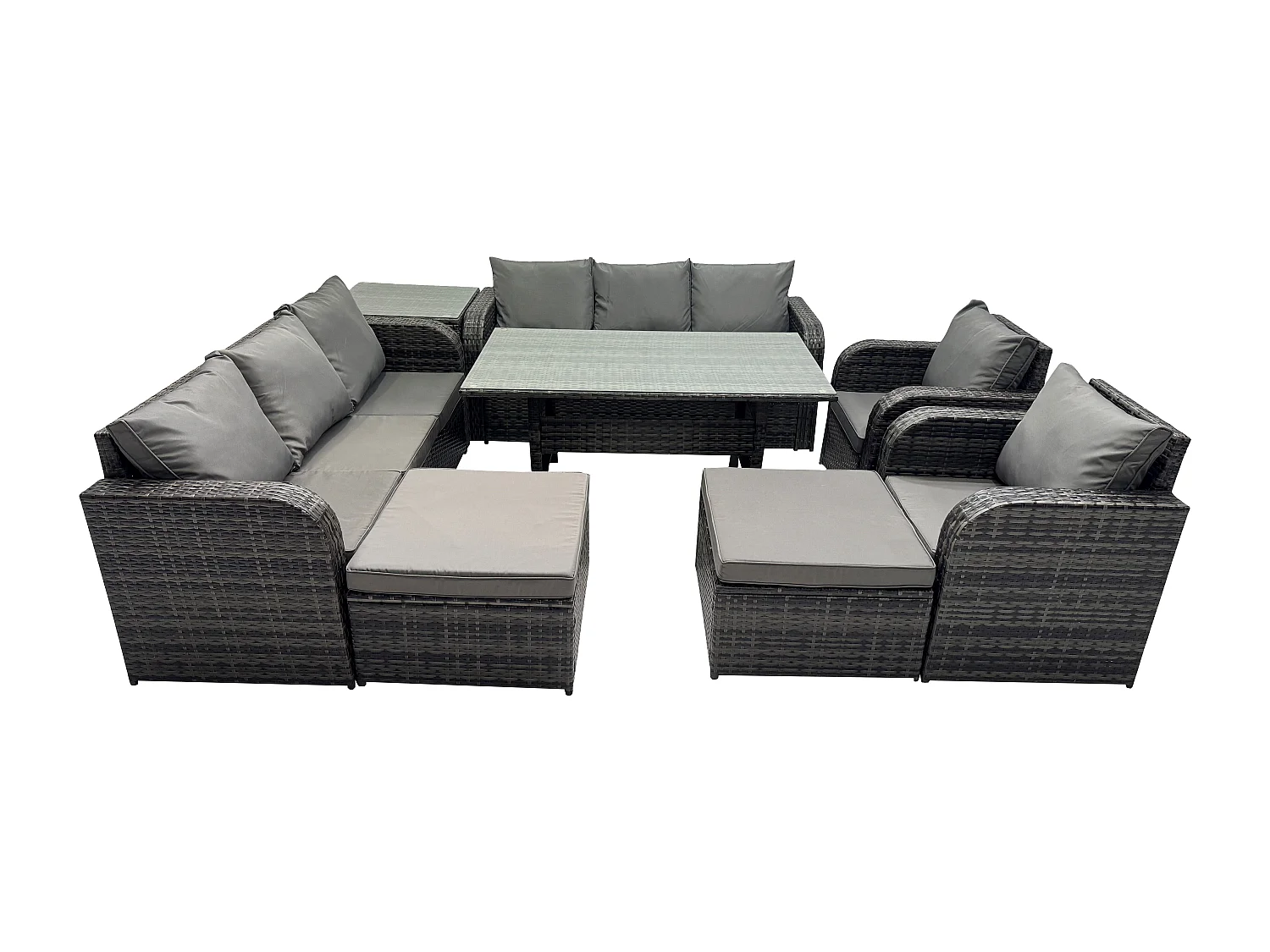 Fimous 10 Seater Rattan Garden Furniture Set Oblong Rectangular Dining Table and Chairs Set with 3 Seater Sofa 2 Big Footstool Side Table Dark Grey Mixed