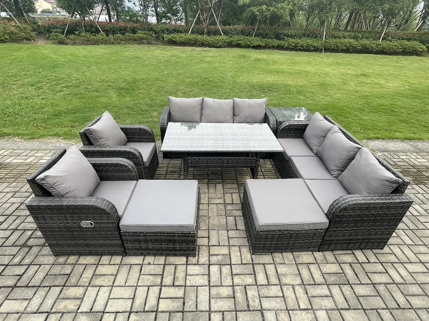 Fimous 10 Seater Rattan Garden Furniture Set Oblong Rectangular Dining Table and Chairs Set with 3 Seater Sofa 2 Big Footstool Side Table Dark Grey Mixed