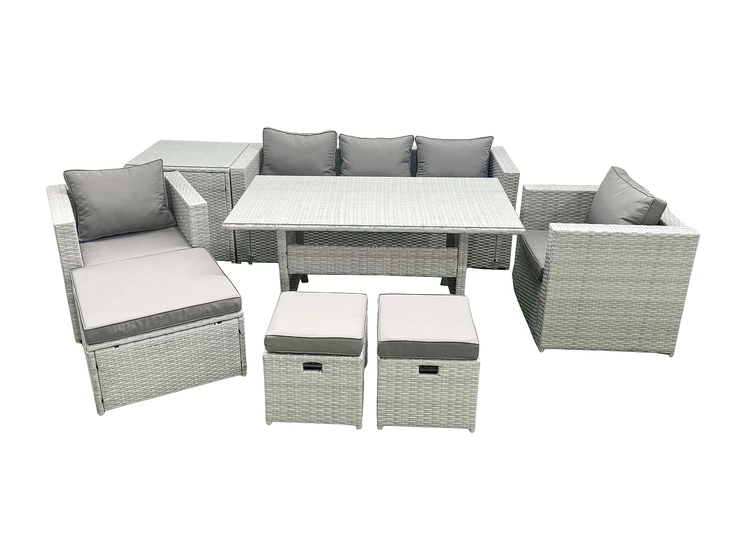 Fimous Garden Dining Set Outdoor Rattan Furniture Set with Sofa Dining Table 2 Chairs 3 Footstools Side Table Light Grey Mixed