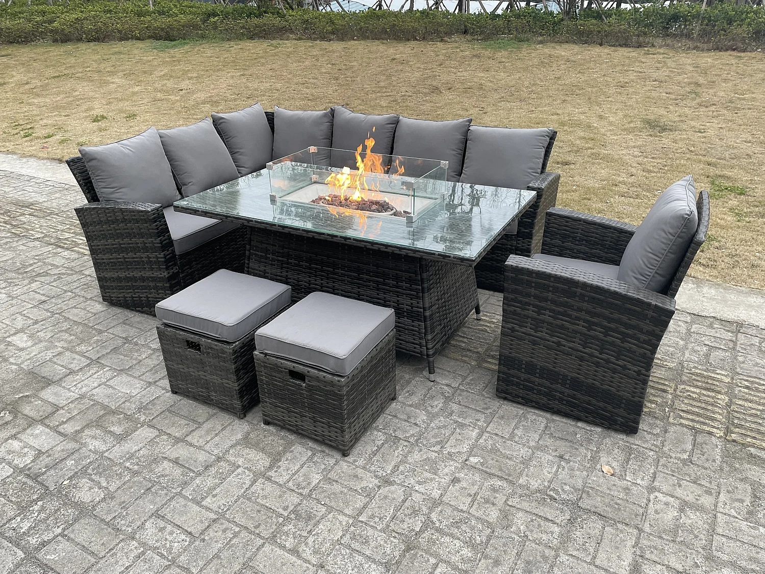 Fimous High Back Rattan Garden Furniture Sets Gas Fire Pit Dining Table Gas Heater Set Left Corner Sofa Small Footstools Chair 9 Seater