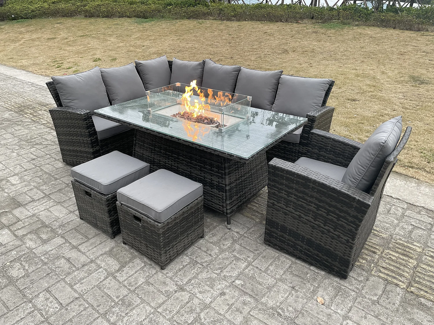Fimous High Back Rattan Garden Furniture Sets Gas Fire Pit Dining Table Gas Heater Set Left Corner Sofa Small Footstools Chair 9 Seater