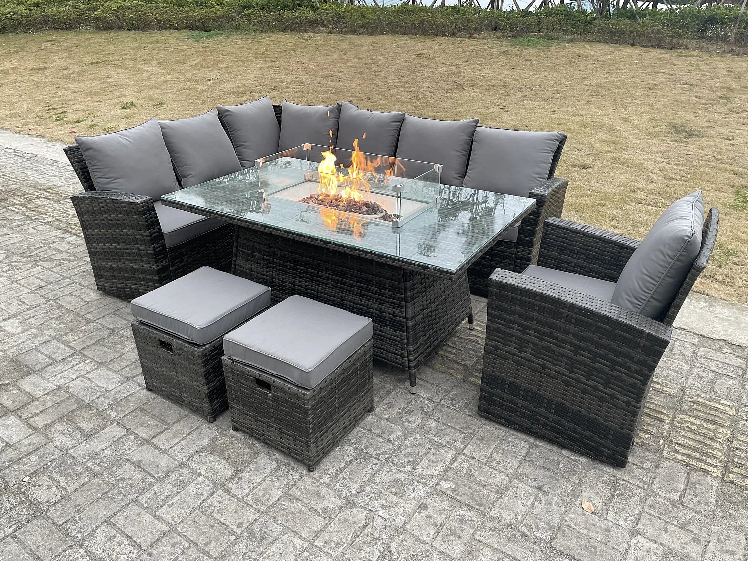 Fimous High Back Rattan Garden Furniture Sets Gas Fire Pit Dining Table Gas Heater Set Left Corner Sofa Small Footstools Chair 9 Seater