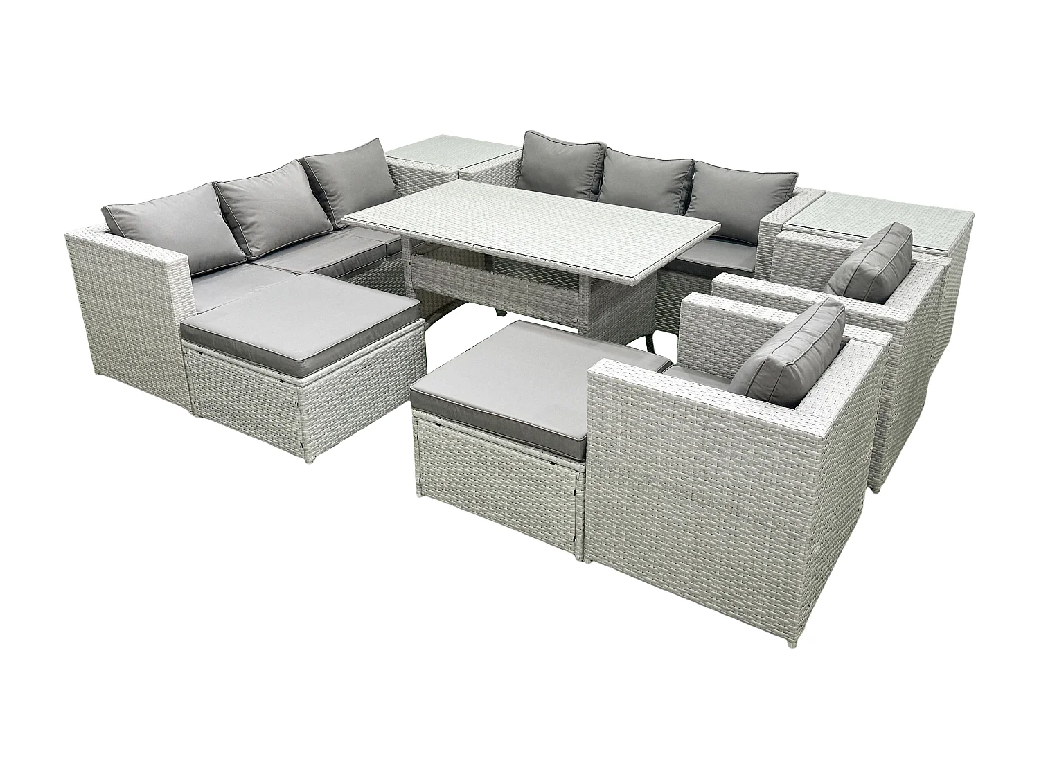 Fimous Rattan Garden Furniture Set Outdoor 8 Seater Patio Dinin g Sofa Sets with Dining Table 2 Chairs 2 Side Tables 2 Big Footstools Light Grey Mixed