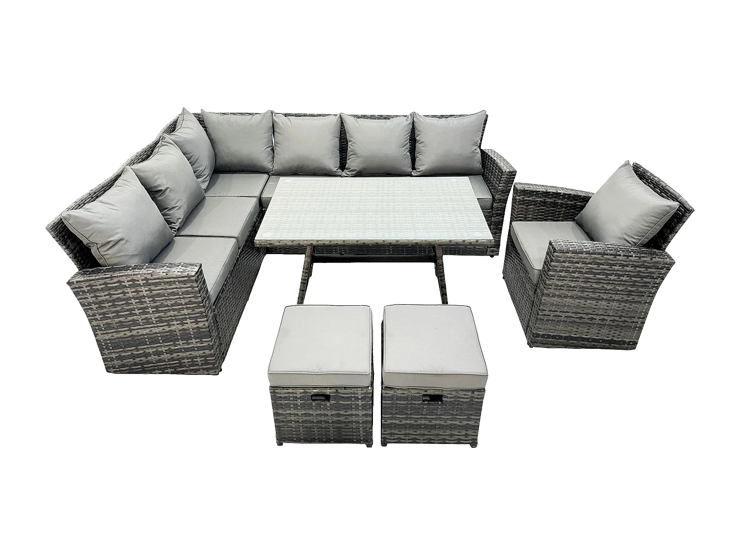 High Back Dark Mixed Grey Rattan Corner Sofa Set Outdoor Furniture Rectangular Dining Table 2 Small Footstools Chair 9 Seater