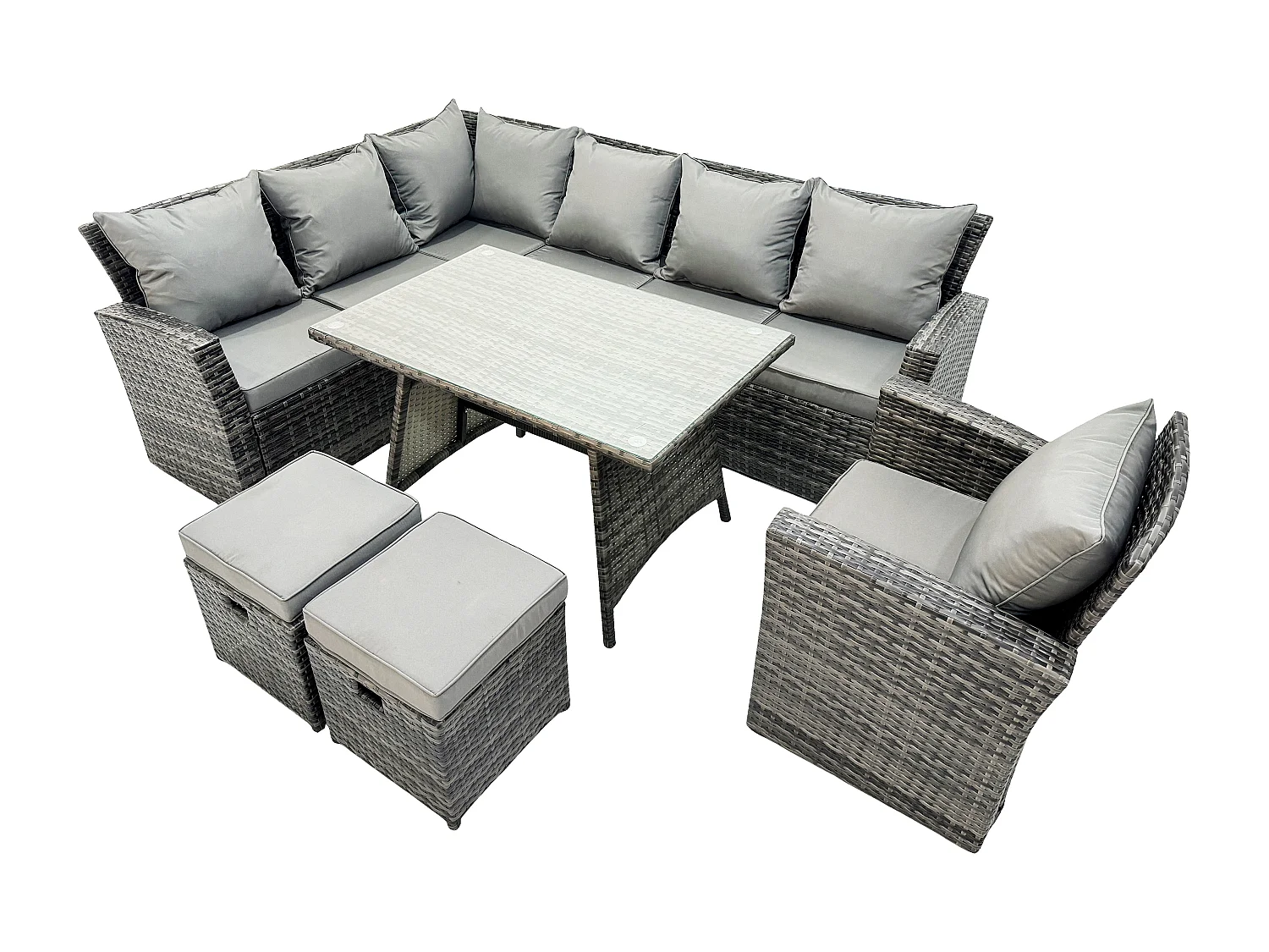 High Back Dark Mixed Grey Rattan Corner Sofa Set Outdoor Furniture Rectangular Dining Table 2 Small Footstools Chair 9 Seater