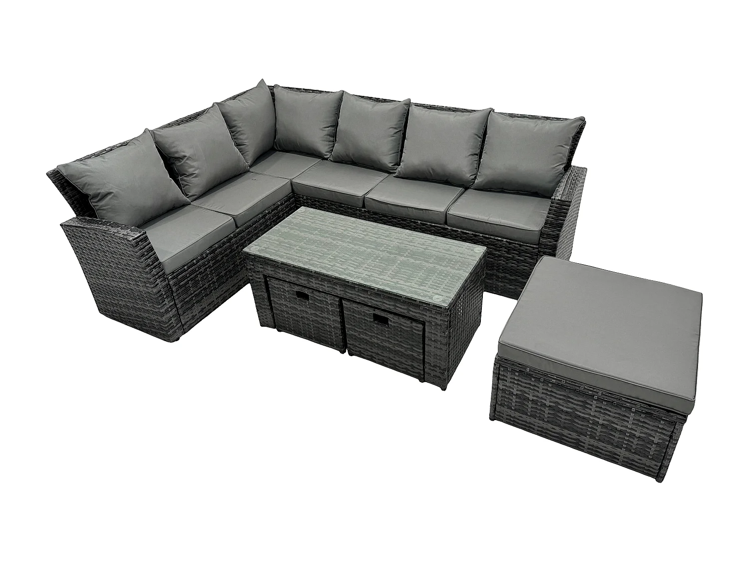 9 Seat Outdoor Gartenmöbel-Set Ecksofa Set Terrassen Sofa Tisch Set mit 3 Fußhockern Dunkelgrau gemischt