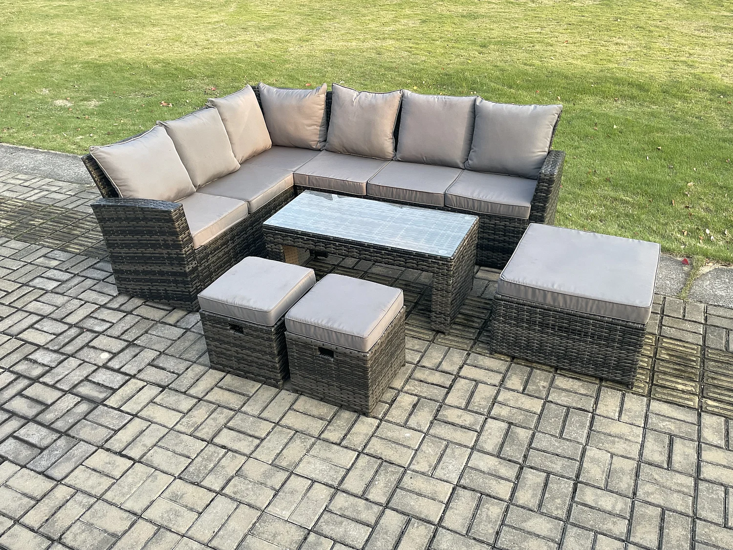 9 Seat Outdoor Gartenmöbel-Set Ecksofa Set Terrassen Sofa Tisch Set mit 3 Fußhockern Dunkelgrau gemischt