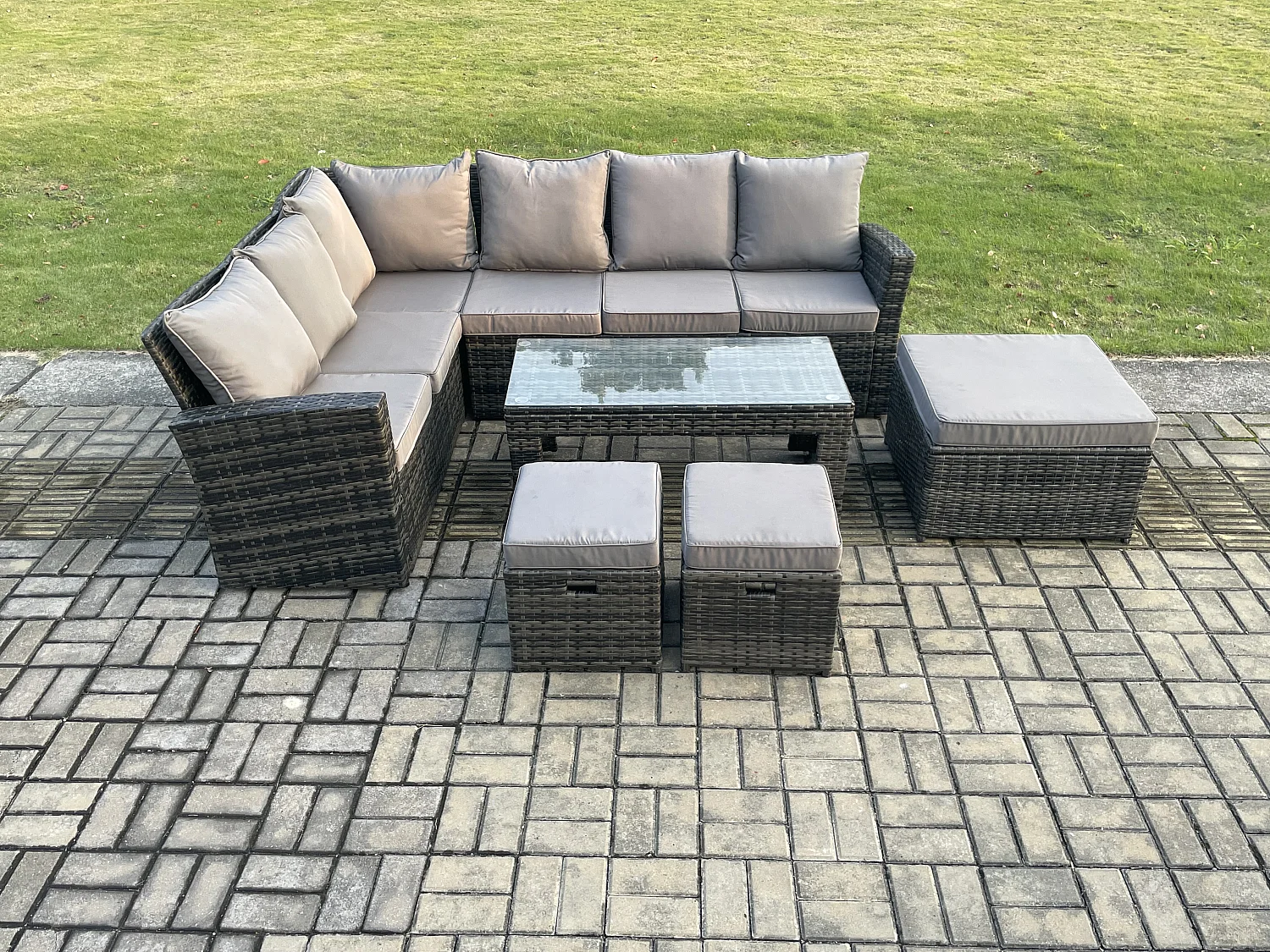 9 Seat Outdoor Gartenmöbel-Set Ecksofa Set Terrassen Sofa Tisch Set mit 3 Fußhockern Dunkelgrau gemischt