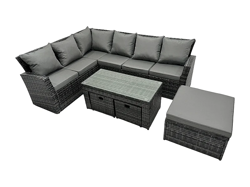 9 Seat Outdoor Gartenmöbel-Set Ecksofa Set Terrassen Sofa Tisch Set mit 3 Fußhockern Dunkelgrau gemischt