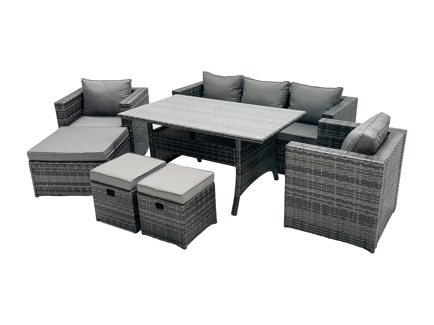 Fimous Outdoor Garden Furniture Set Patio Rattan Rectangular Dining Table Lounge Sofa Chair with Big Footstool 2 Small Stools Dark Grey Mixed