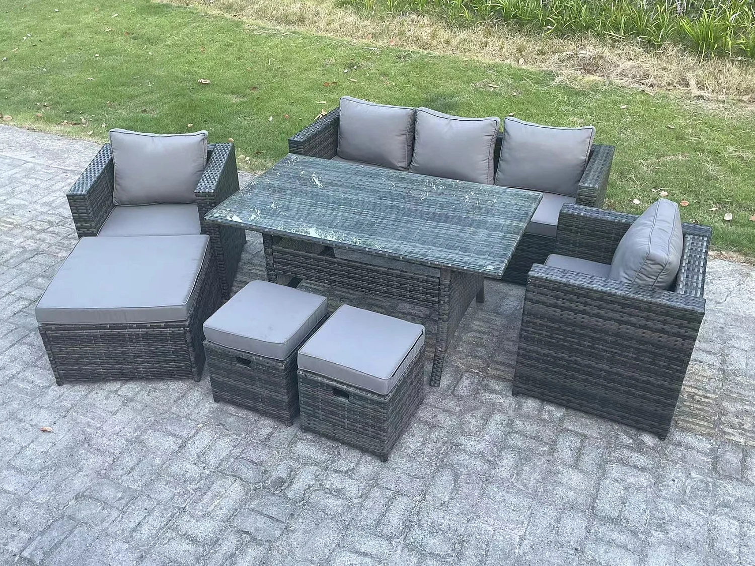 Fimous Outdoor Garden Furniture Set Patio Rattan Rectangular Dining Table Lounge Sofa Chair with Big Footstool 2 Small Stools Dark Grey Mixed