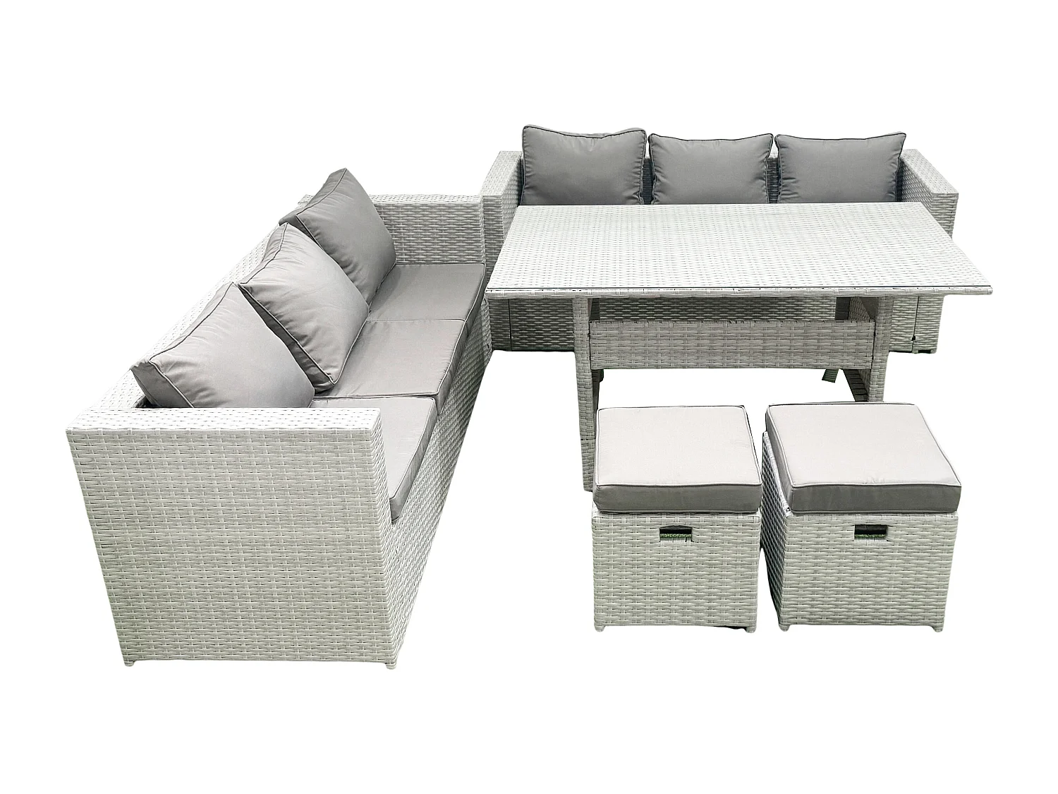 Fimous Rattan Garden Furniture Set 8 Seater Outdoor Sofa Set with Dining Table 2 Small Footstools Light Grey Mixed