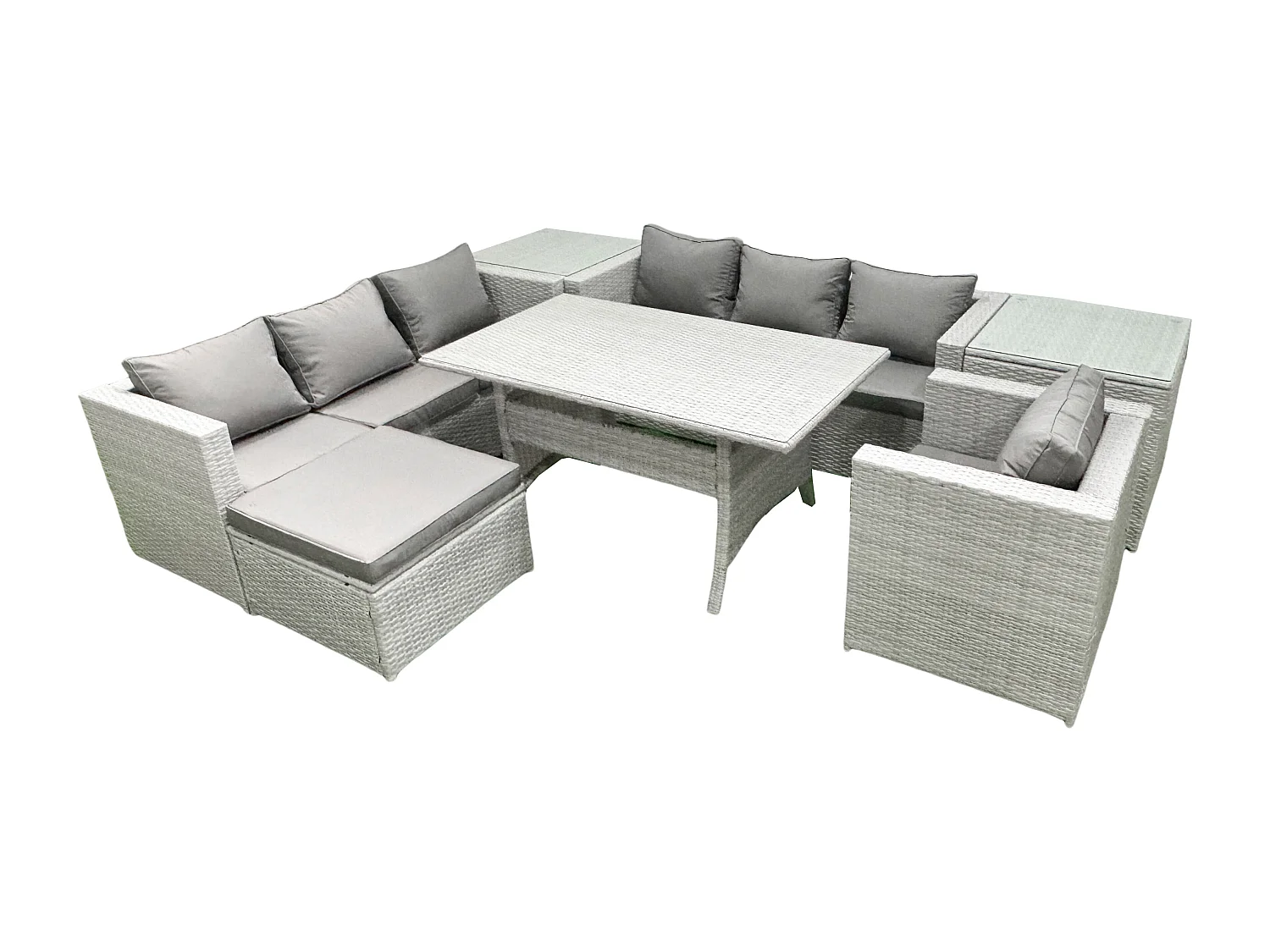 Fimous 7 Pieces Outdoor Rattan Sofa Set with Cushions Patio Garden Furniture Sets with Armchair Dining Table 2 Side Tables Big Footstool