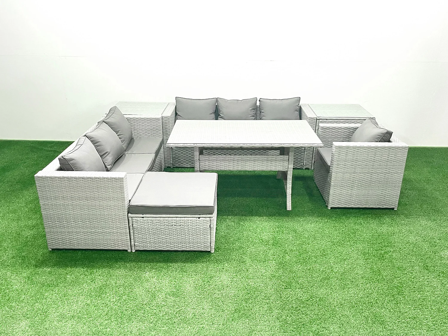 Fimous 7 Pieces Outdoor Rattan Sofa Set with Cushions Patio Garden Furniture Sets with Armchair Dining Table 2 Side Tables Big Footstool