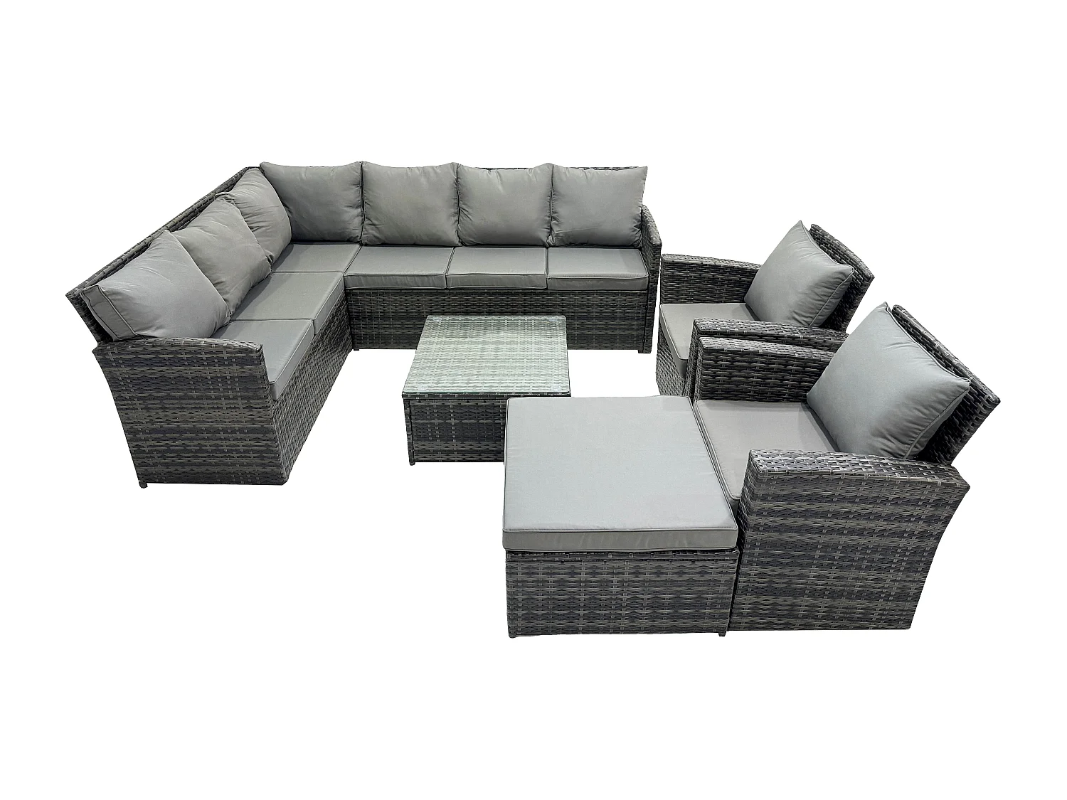 Fimous Rattan Garden Furniture Sets High Back Corner Sofa Square Coffee Table Set with Big Footstool 2 Armchairs Dark Grey Mixed