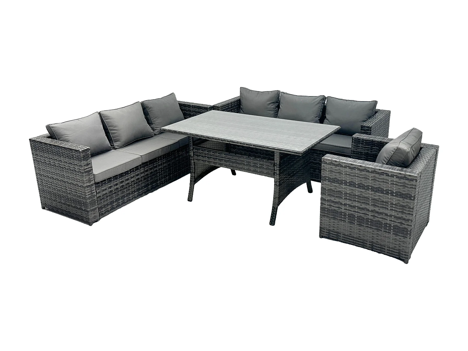 Fimous Outdoor Lounge Sofa Garden Furniture Set Rattan Rectangular Dining Table Patio Chair 7 Seater Dark Grey Mixed