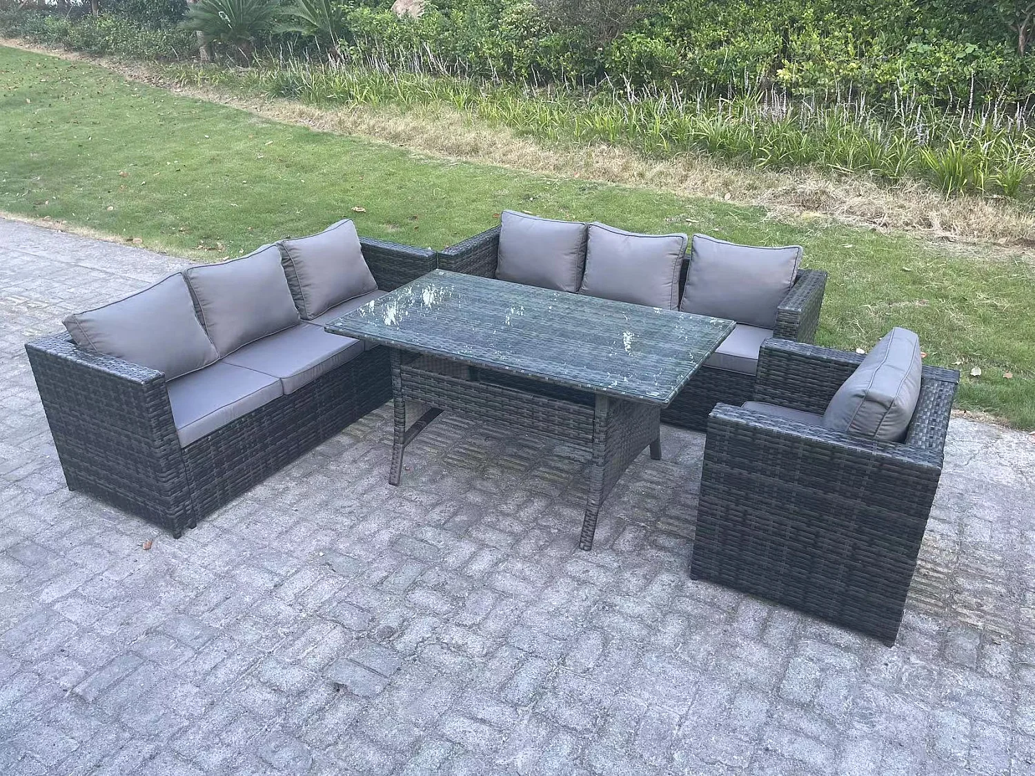 Fimous Outdoor Lounge Sofa Garden Furniture Set Rattan Rectangular Dining Table Patio Chair 7 Seater Dark Grey Mixed
