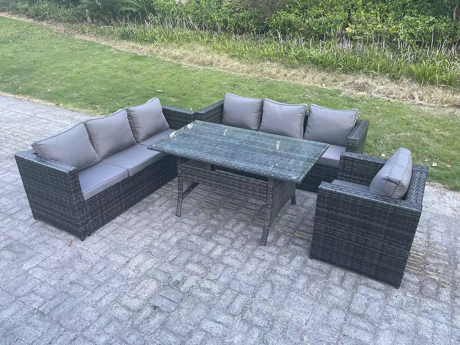 Fimous Outdoor Lounge Sofa Garden Furniture Set Rattan Rectangular Dining Table Patio Chair 7 Seater Dark Grey Mixed