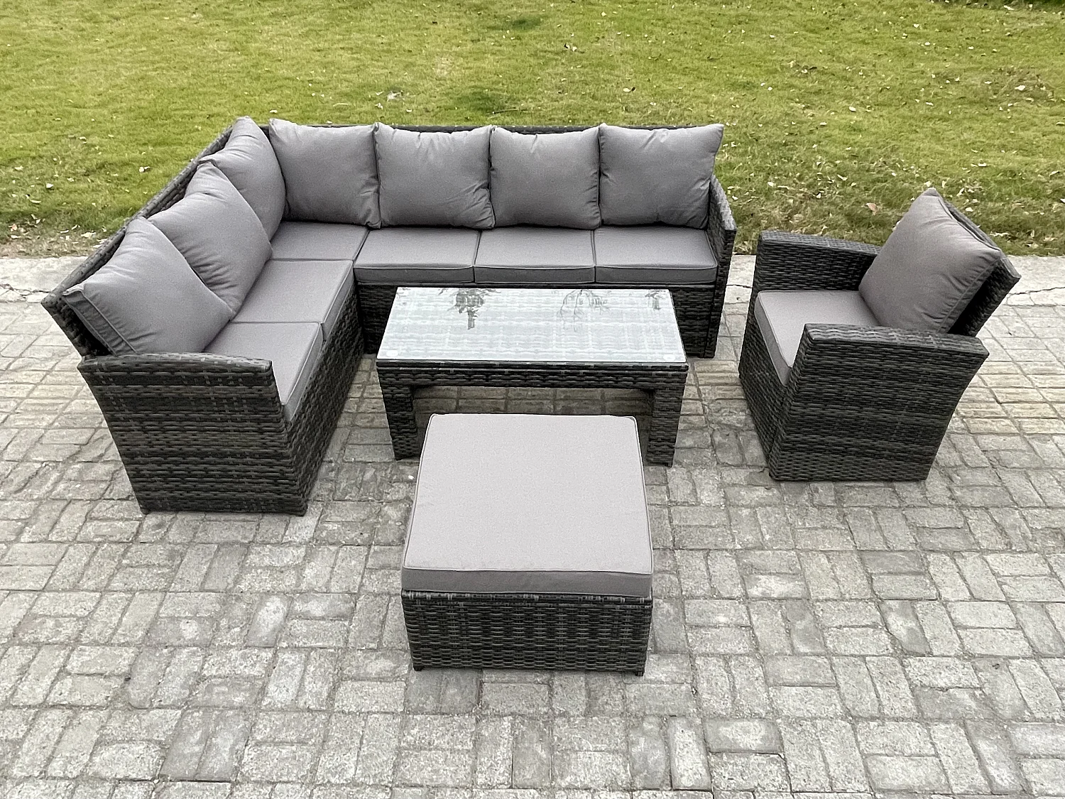 Rattan Gartenmöbel-Sets Hoher Rücken Ecksofa Länger Couchtisch Set mit Großer Fußhocker Sesseln Dunkelgrau gemischt