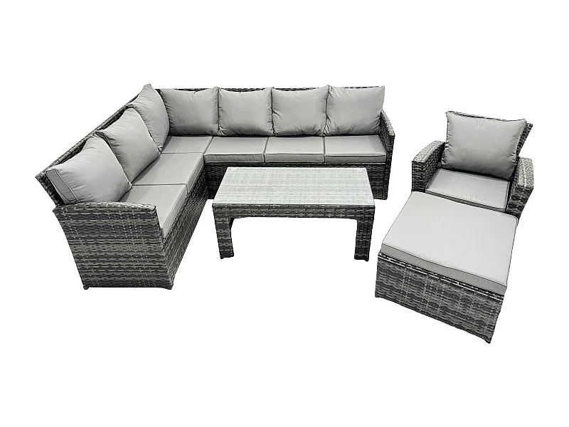 Rattan Gartenmöbel-Sets Hoher Rücken Ecksofa Länger Couchtisch Set mit Großer Fußhocker Sesseln Dunkelgrau gemischt