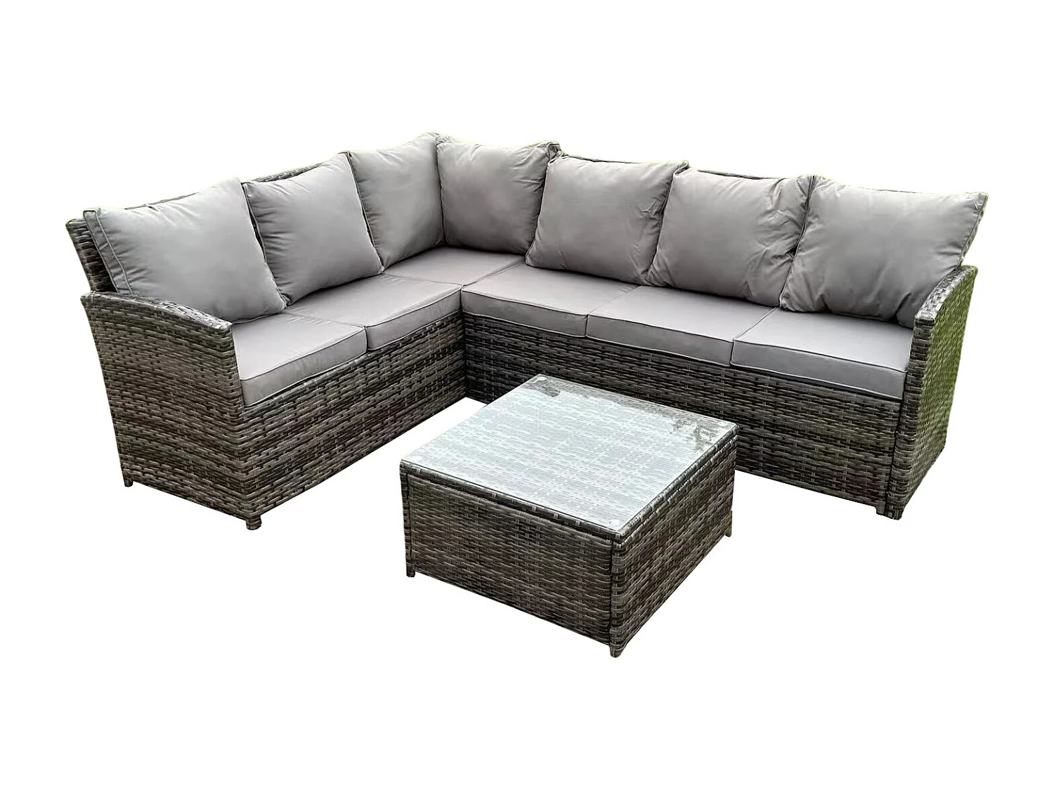 Hoher Rücken Dunkelgrau gemischt Rattan Ecksofa Set Gartenmöbel Quadratischer Couchtisch 6 Sitzer