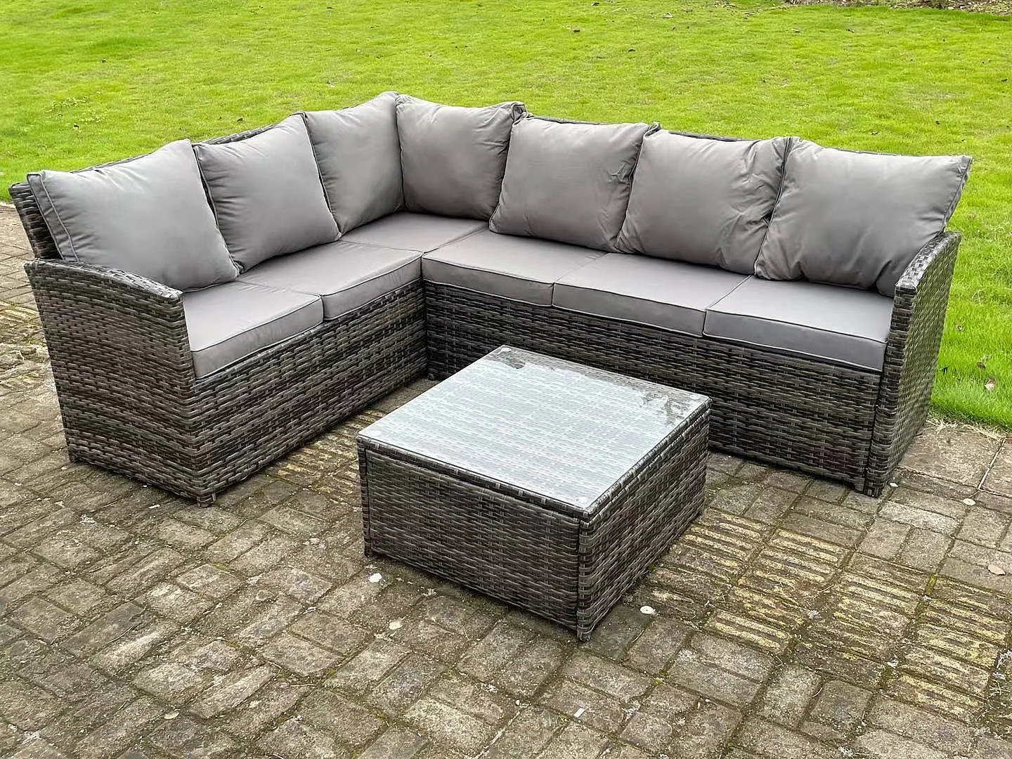 Hoher Rücken Dunkelgrau gemischt Rattan Ecksofa Set Gartenmöbel Quadratischer Couchtisch 6 Sitzer